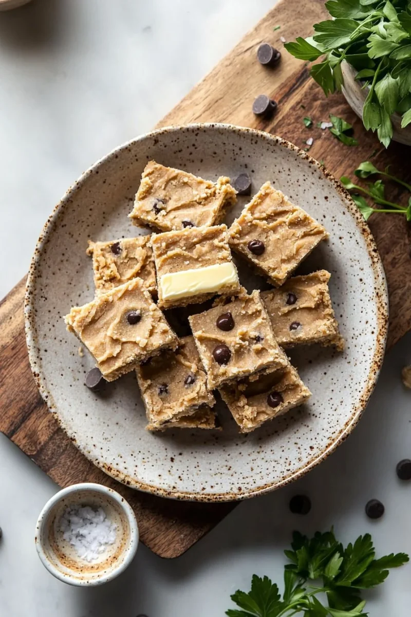 No bake cookie dough bars topped with chocolate chips on a white plate