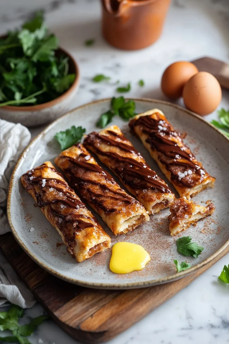 Delicious Nutella cinnamon sticks served warm and flaky, drizzled with chocolate.