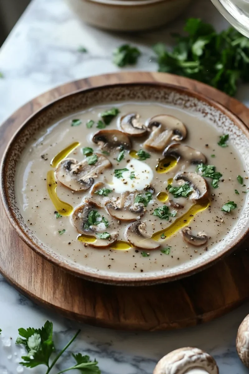 Bowl of nutritious mushroom soup garnished with herbs on a wooden table