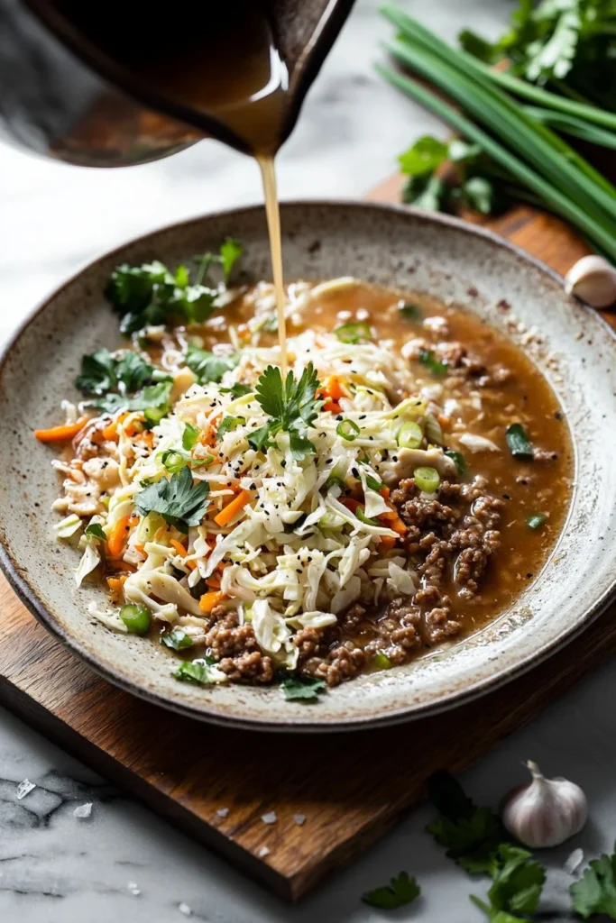 Delicious one-pot egg roll soup featuring fresh veggies and savory broth