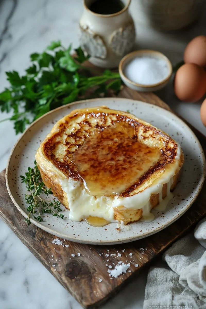 Delicious overnight crème brulee French toast topped with caramelized sugar