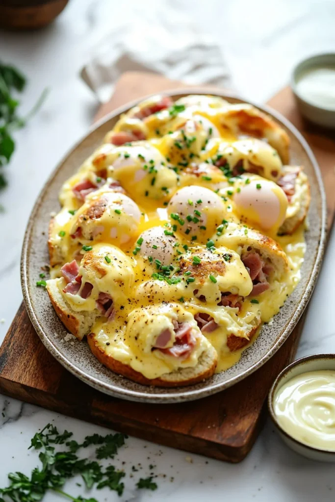Overnight Eggs Benedict Casserole served on a white plate with hollandaise sauce