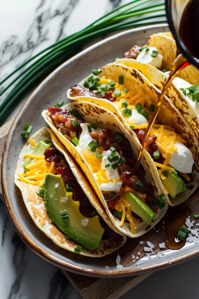 Pancake tacos filled with breakfast ingredients on a plate