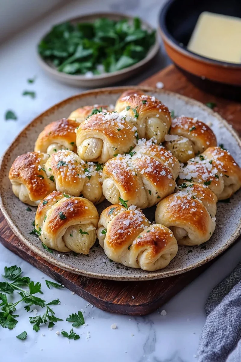 Homemade Parmesan Garlic Knots topped with fresh herbs and cheese