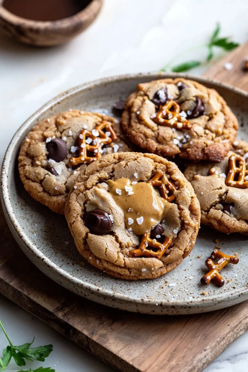 Delicious peanut butter pretzel cookies with a sweet and salty flavor combination.
