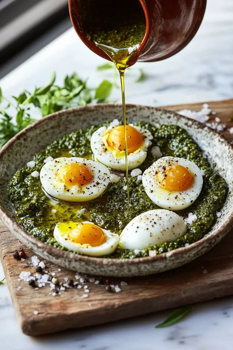 Delicious Pesto Eggs topped with fresh basil and served on a plate