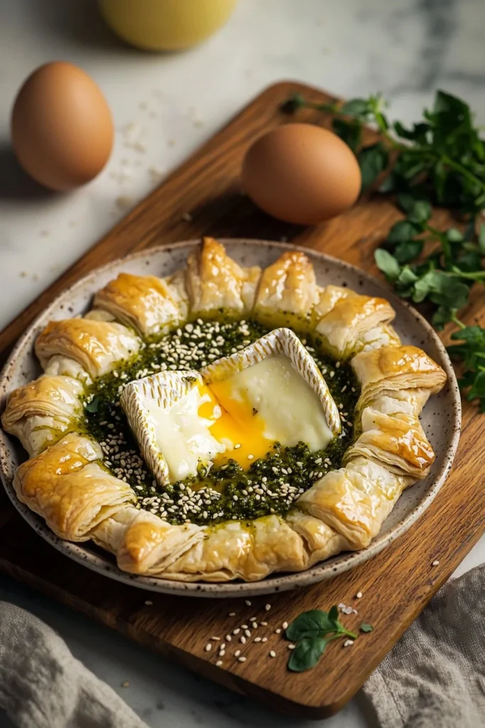 Pesto Puff Pastry Sun with baked brie, delicious appetizer, easy recipe.