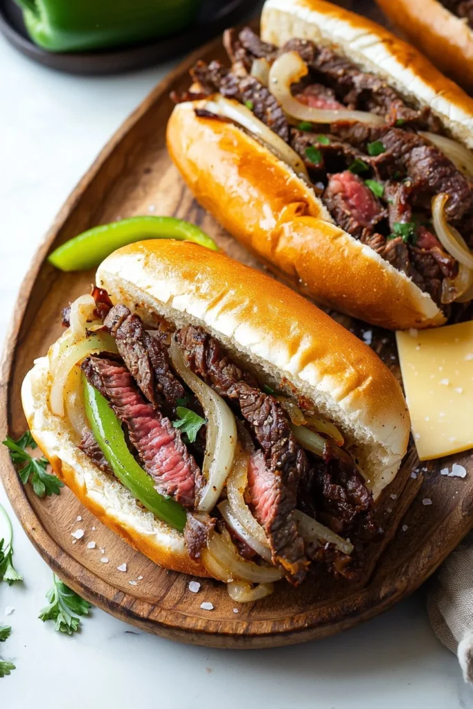 Delicious Philly Cheesesteak sandwich with beef and melted cheese