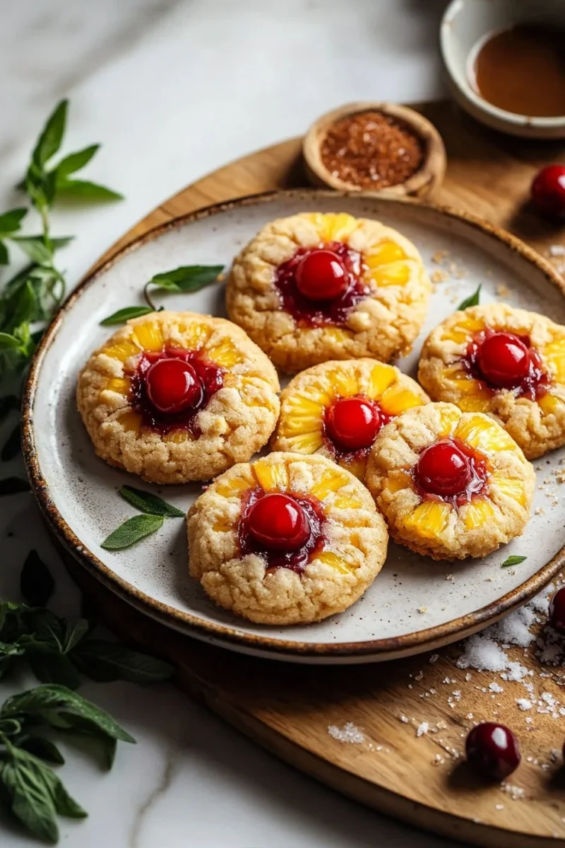 Pineapple Upside Down Sugar Cookies on a plate with colorful sprinkles