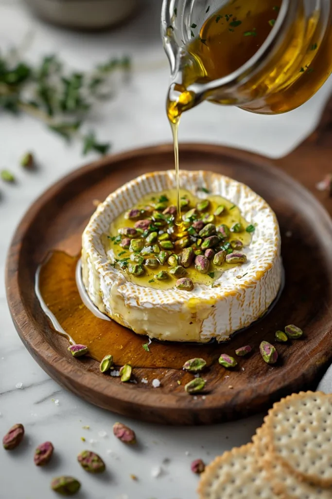 Pistachio honey sweet baked brie served on a cheese platter