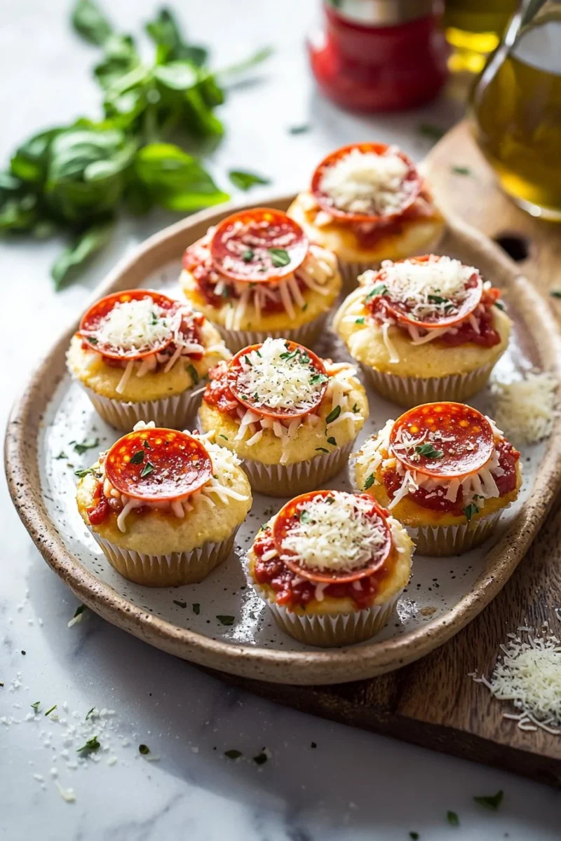 Delicious pizza cupcakes topped with cheese and pepperoni