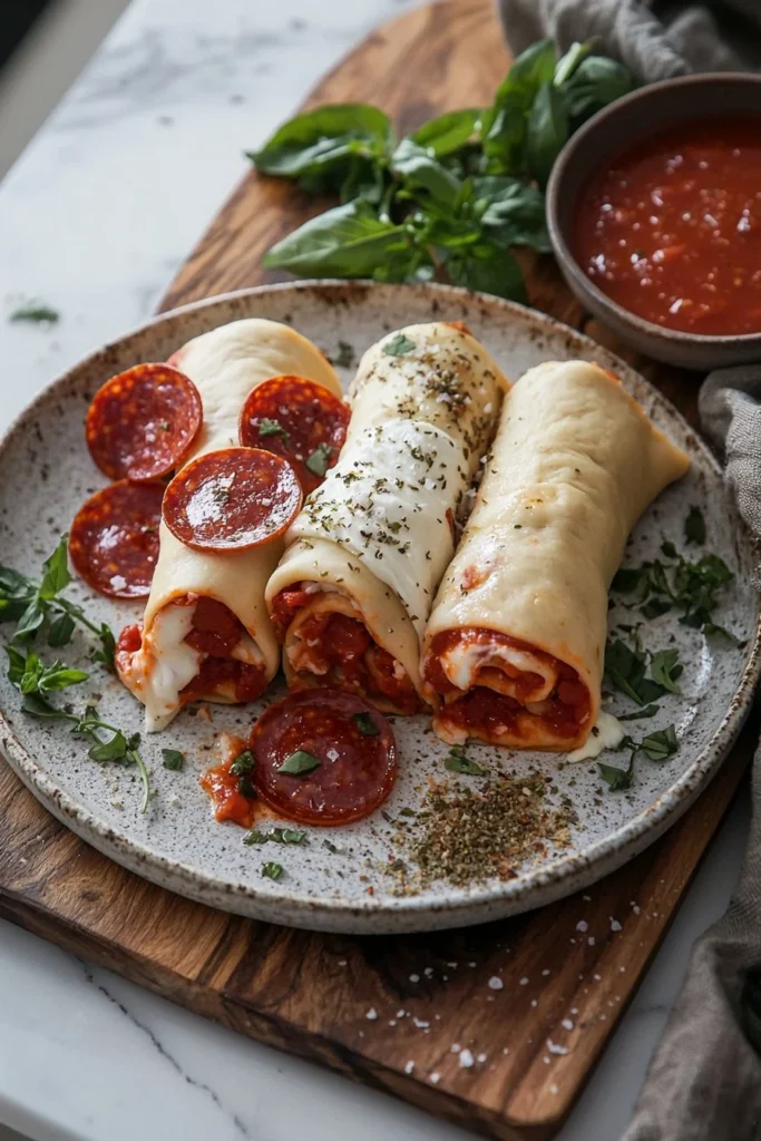 Homemade Pizza Roll Ups filled with cheese and pepperoni on a plate.
