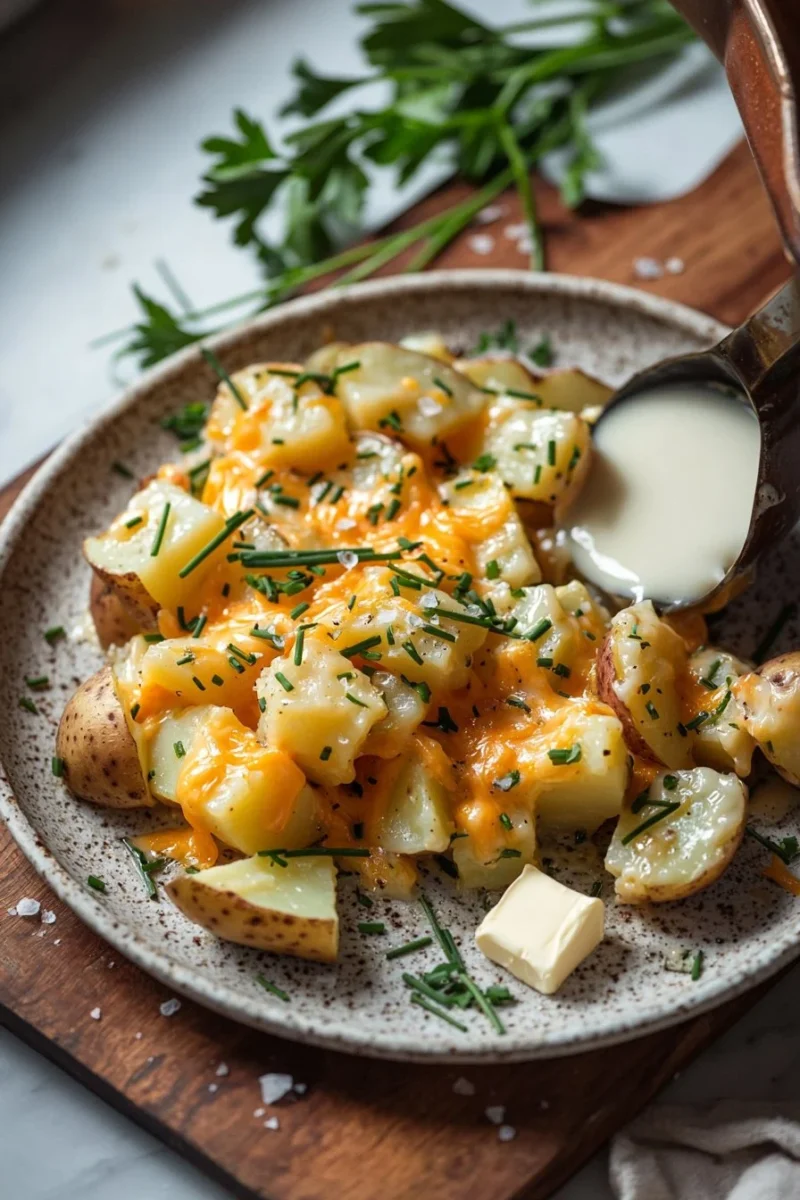 Baked Potato Cheddar Chive dish with melted cheese and fresh chives