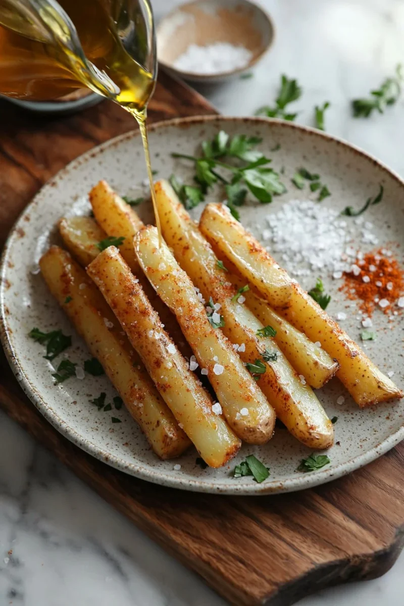 Deliciously crispy potato sticks served with a dipping sauce.