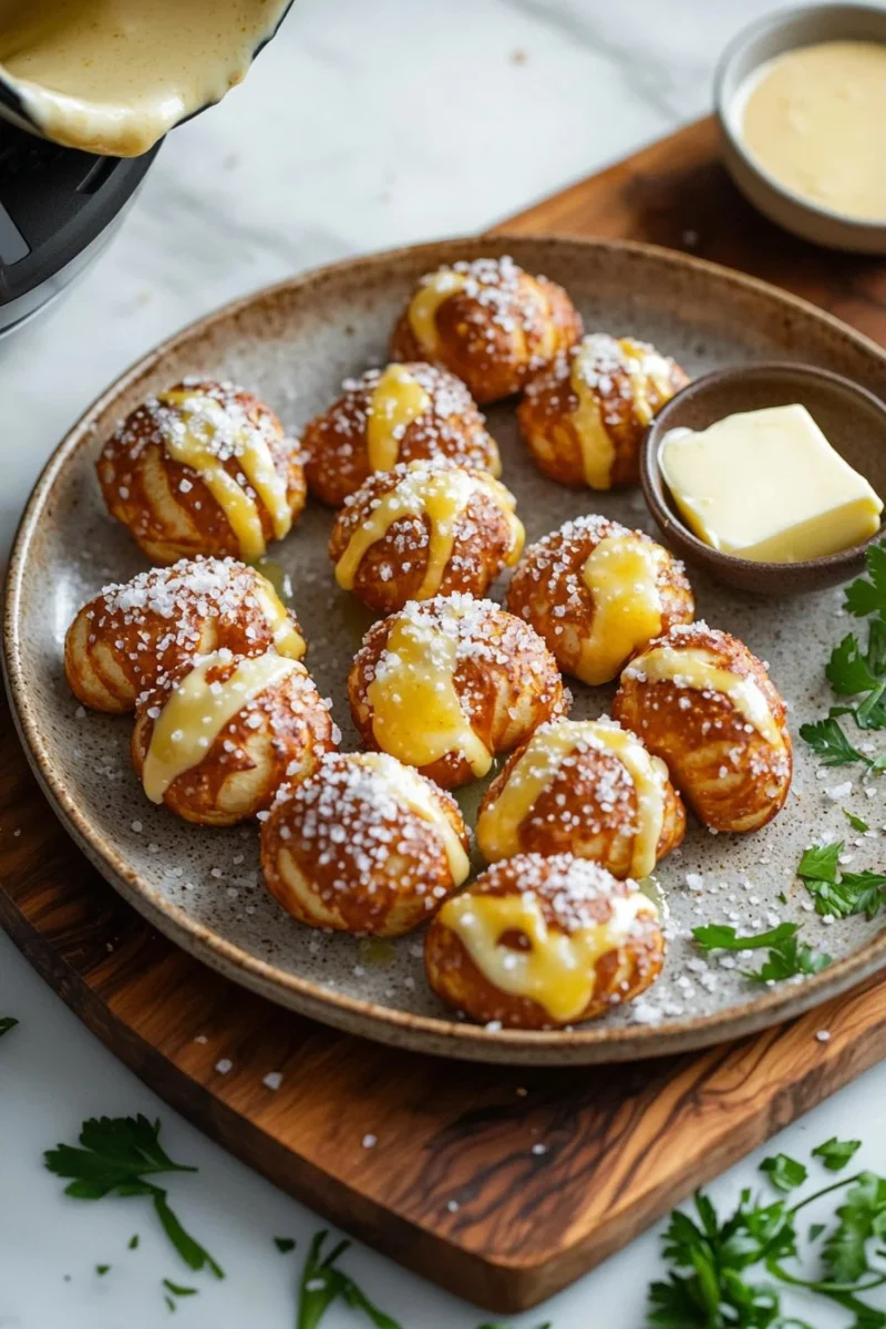 Air fryer pretzel bites served with dipping sauces