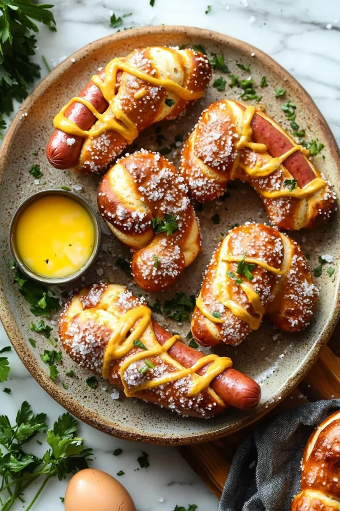 Homemade pretzel dogs served with mustard and dipping sauces.