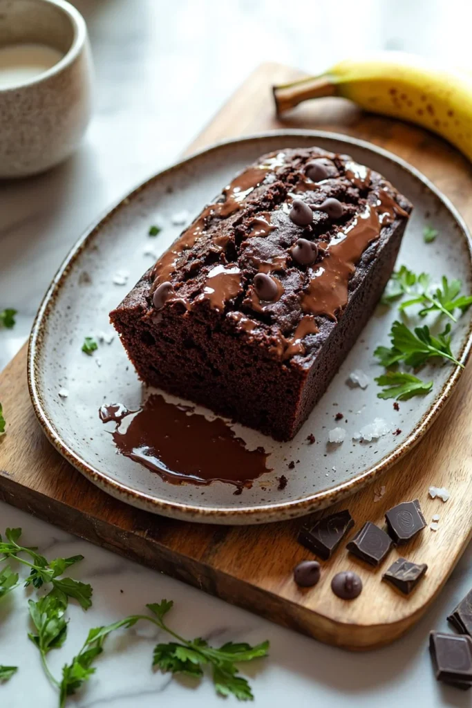 Loaf of Protein Chocolate Banana Bread with chocolate chips and bananas