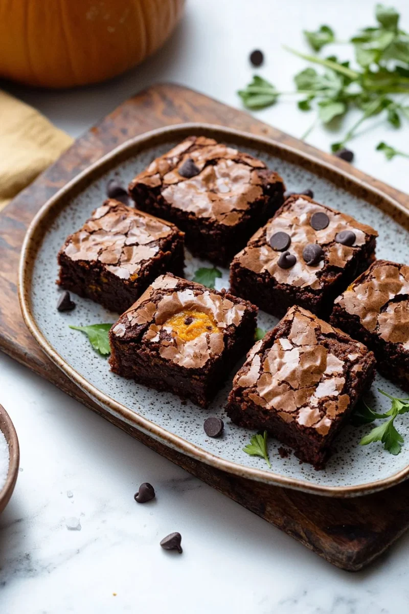 Delicious pumpkin brownies topped with chocolate frosting on a plate