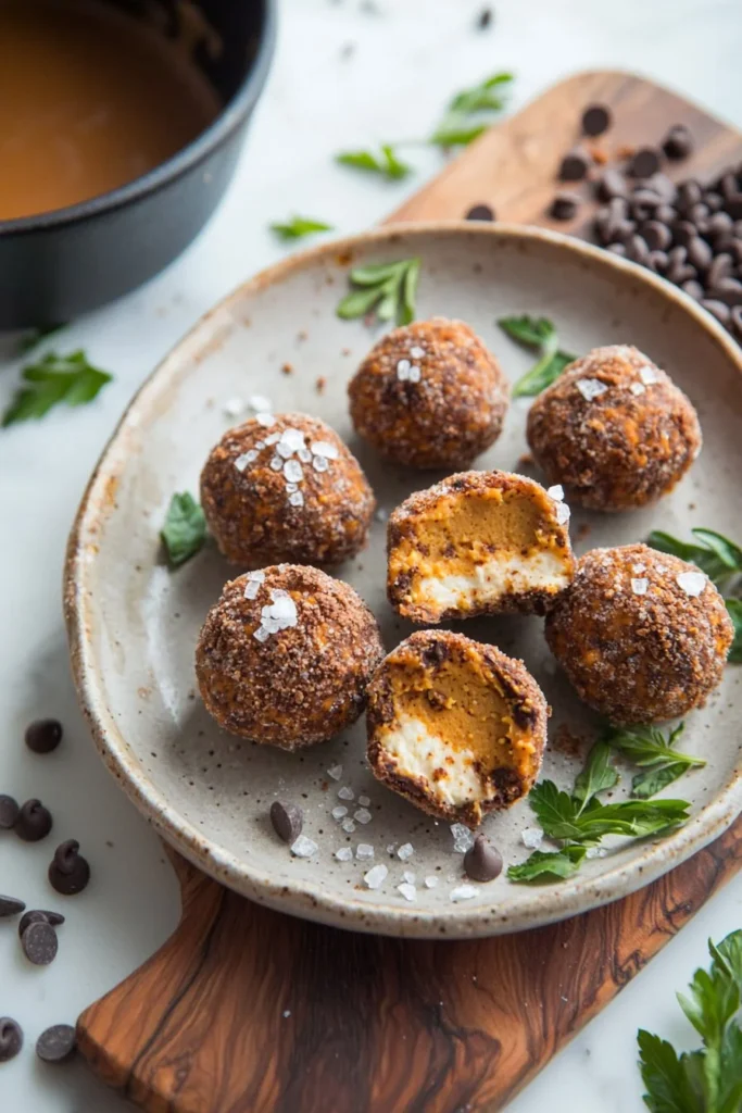 Pumpkin Cheesecake Truffles topped with chocolate and sprinkled with cinnamon