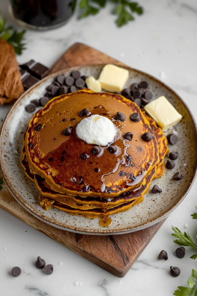 Stack of Pumpkin Chocolate Chip Pancakes topped with chocolate chips and syrup