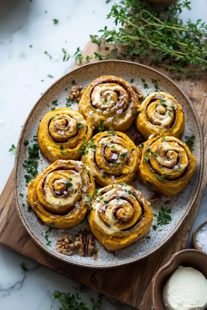 Freshly baked pumpkin cinnamon rolls with creamy icing