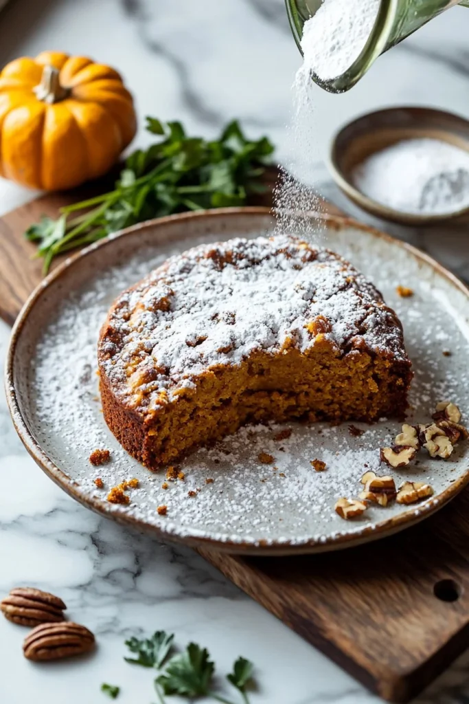 Slice of homemade pumpkin coffee cake on a rustic plate