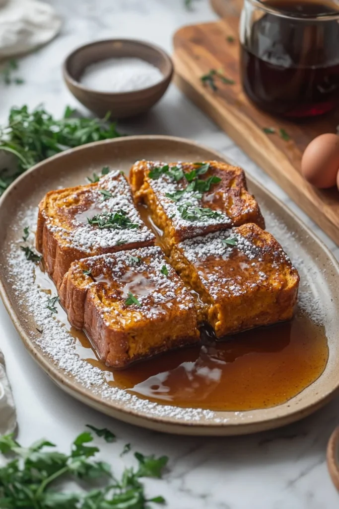 Delicious Pumpkin French Toast Casserole served with syrup and spices