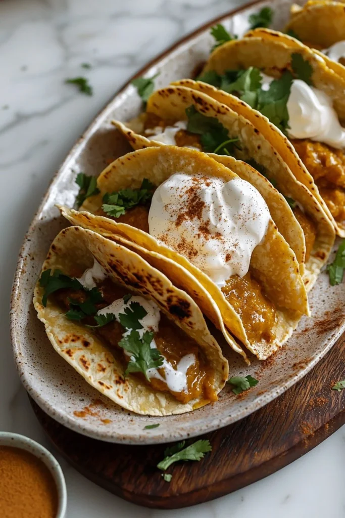 Pumpkin pie tacos served with whipped cream and spices on a festive plate.