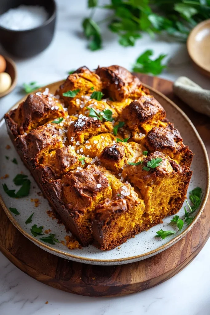 Freshly baked pumpkin spice pull apart bread with a dusting of cinnamon.