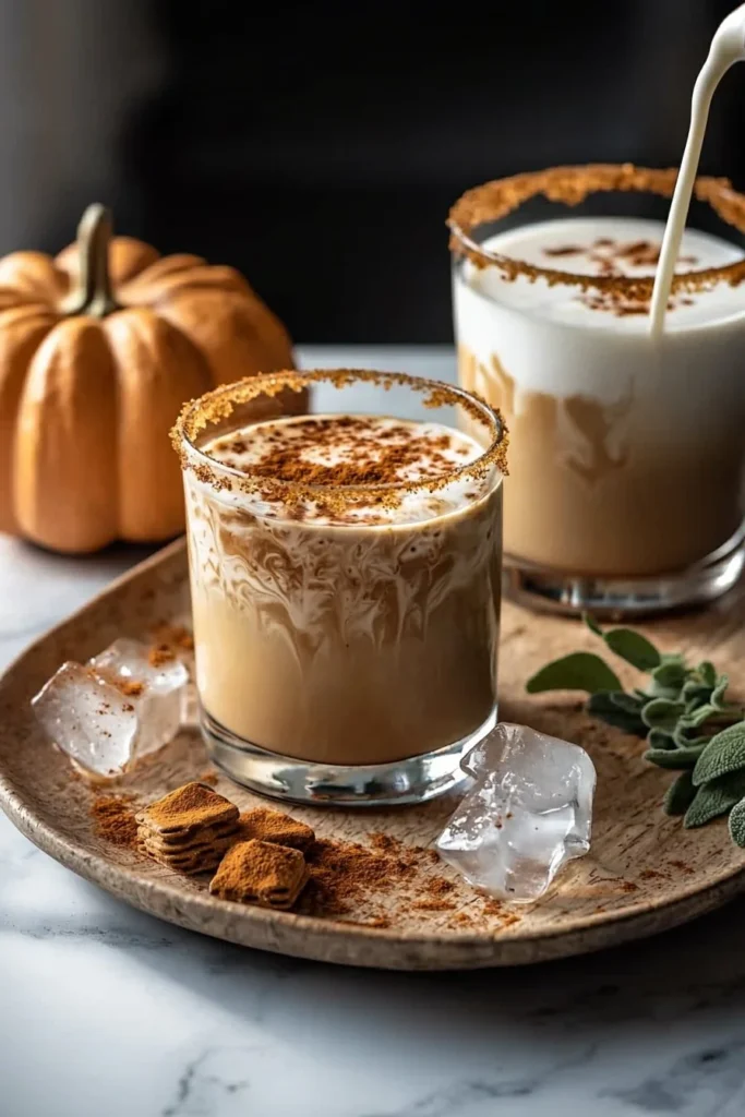 Pumpkin Spice White Russian cocktail in a glass with autumn decor