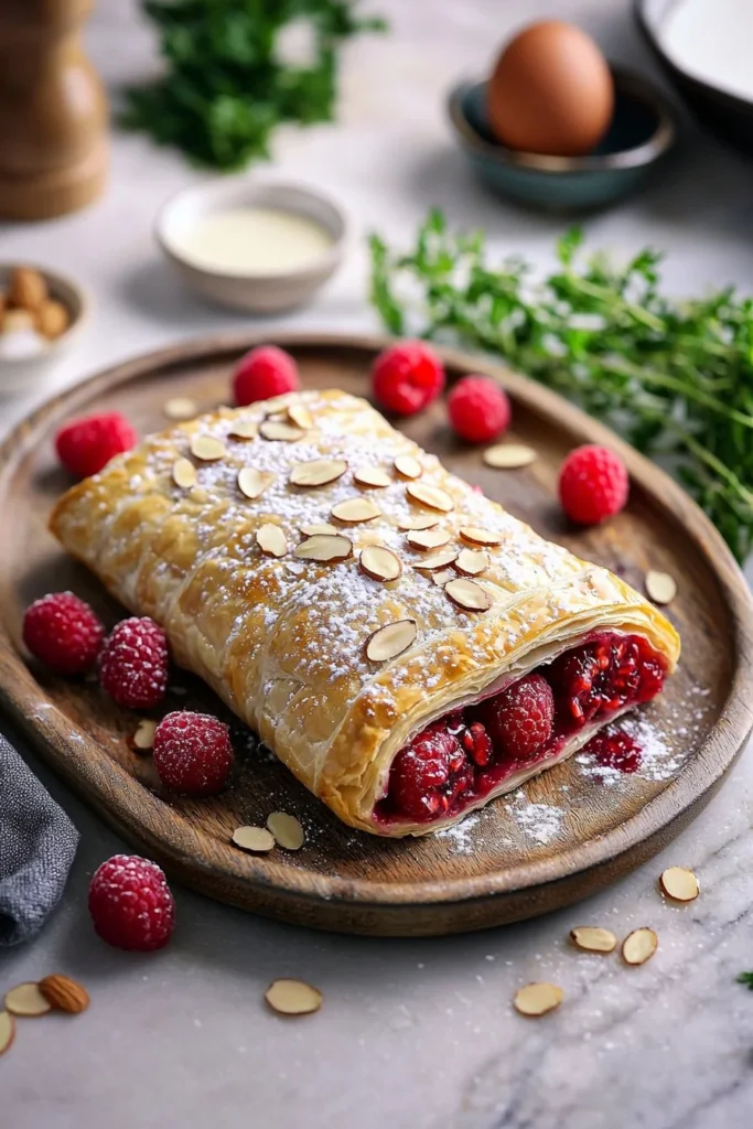 Raspberry Almond Puff Pastry Danish topped with almonds and powdered sugar