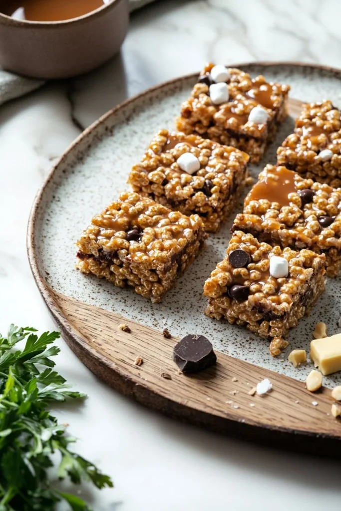 Delicious Rice Krispie Millionaire Bars stacked on a plate