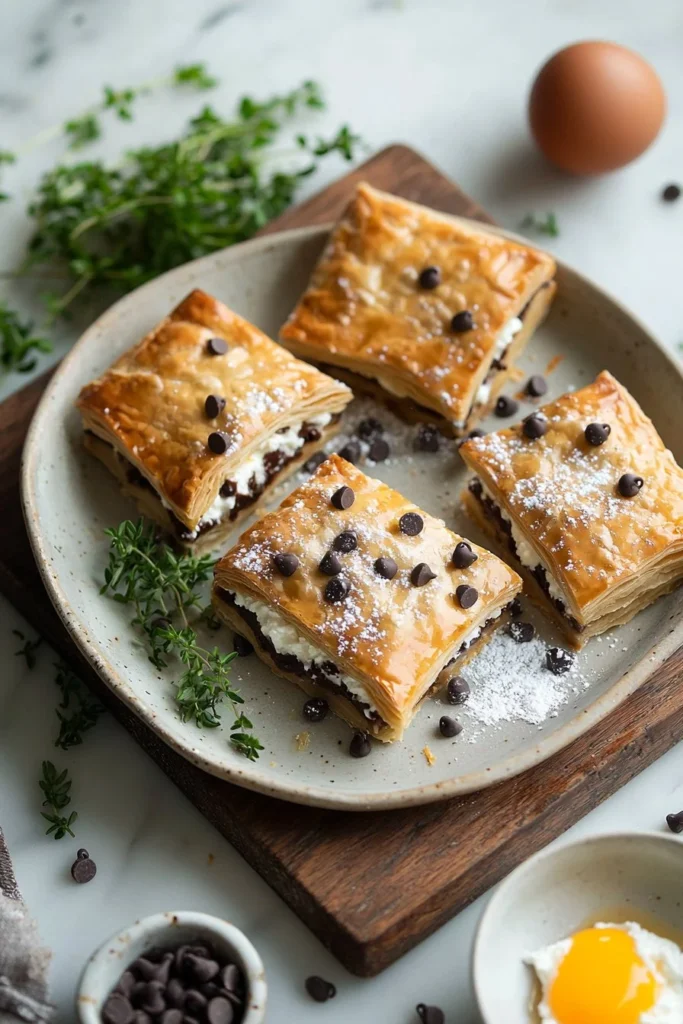 Ricotta Chocolate Chip Pastry Squares topped with chocolate chips on a white plate