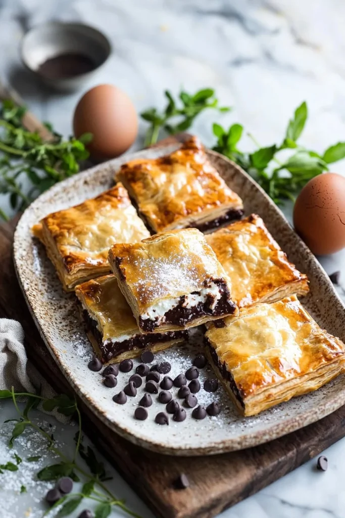 Ricotta Chocolate Chip Pastry Squares ready to be served on a plate
