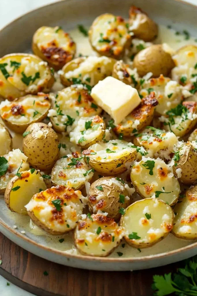 Roasted garlic butter parmesan potatoes topped with herbs and cheese