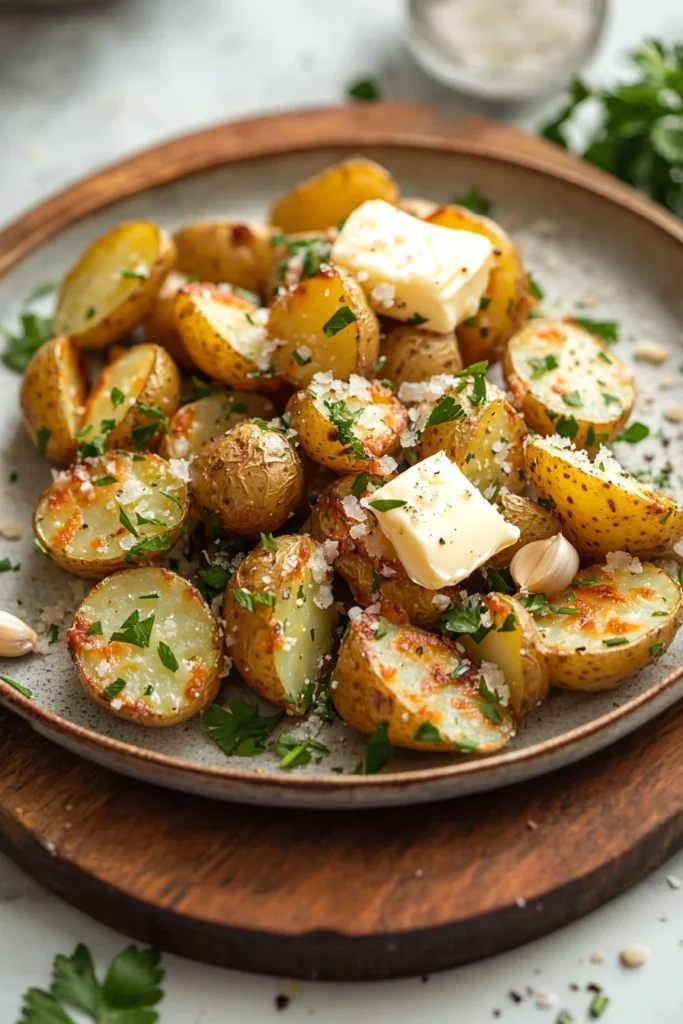 Plate of roasted garlic butter parmesan potatoes garnished with herbs.