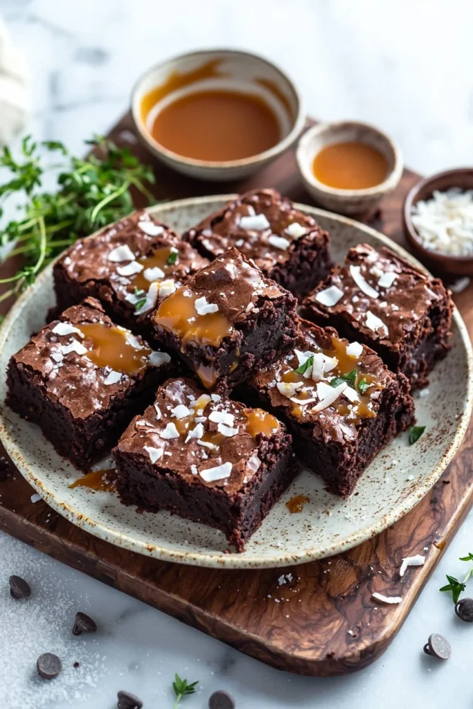Delicious Samoa-style coconut chocolate brownies topped with toasted coconut