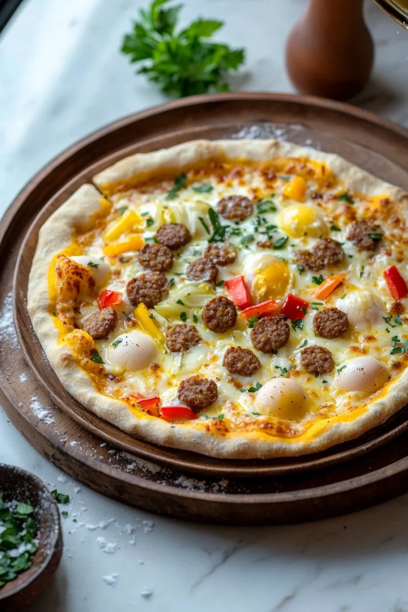 Delicious Sausage Breakfast Pizza topped with eggs, cheese, and herbs.