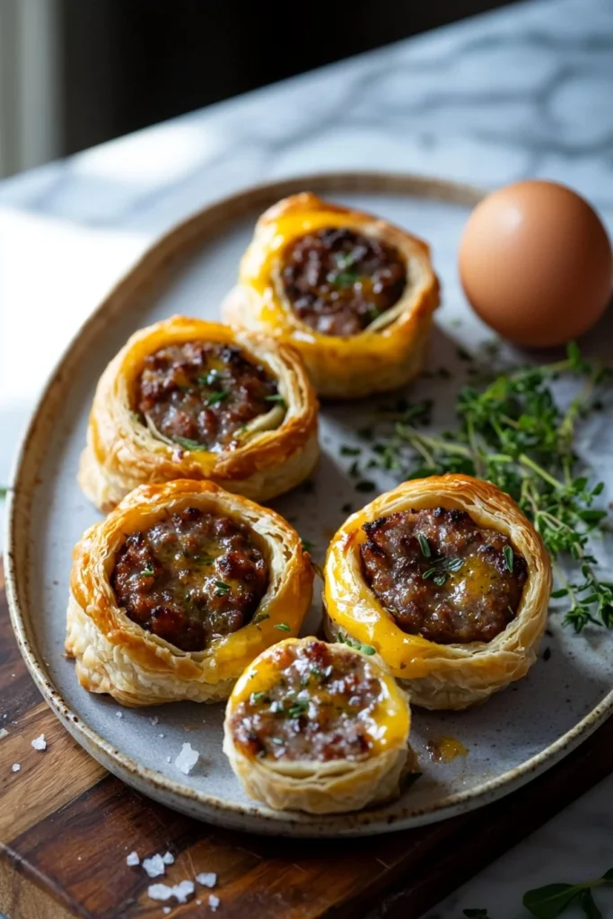 Golden brown sausage rolls on a plate ready to enjoy
