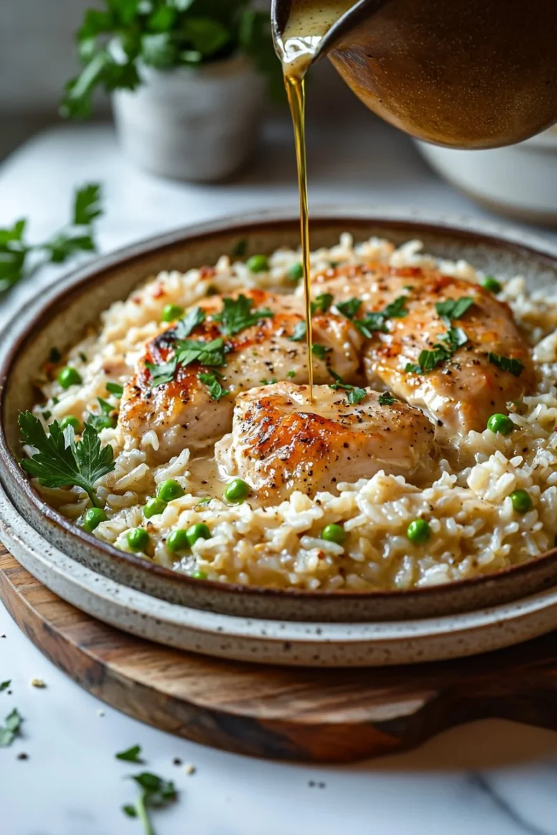 Skillet Garlic Chicken and Rice Casserole topped with fresh herbs