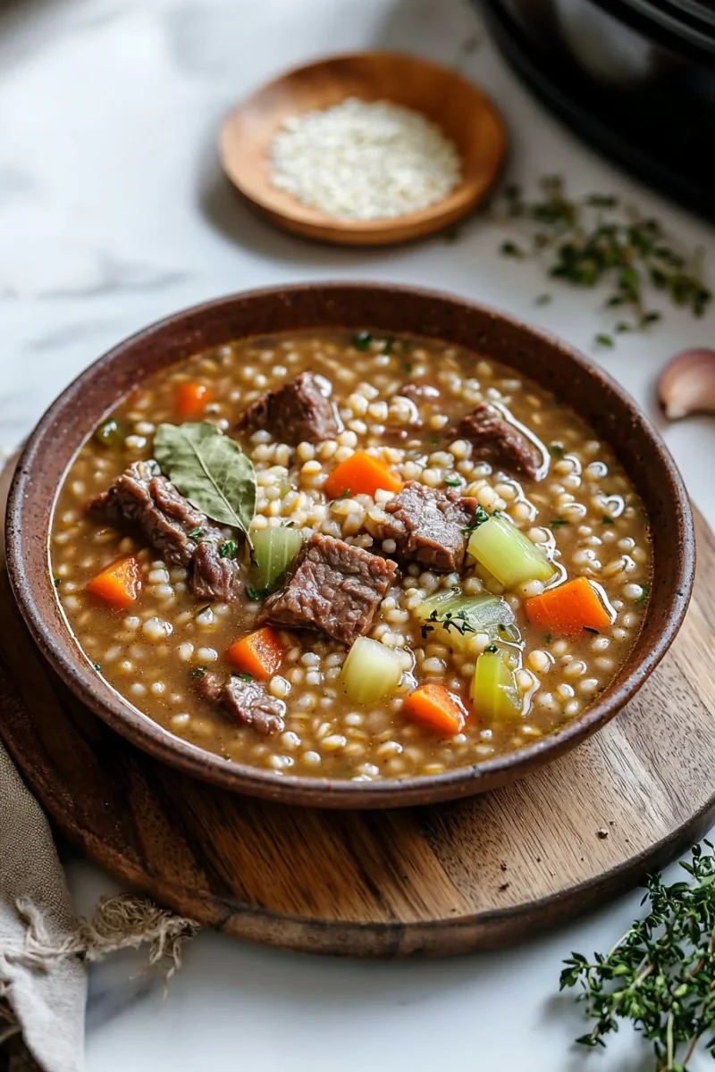 Bowl of homemade Slow Cooker Beef Barley Soup with vegetables and herbs