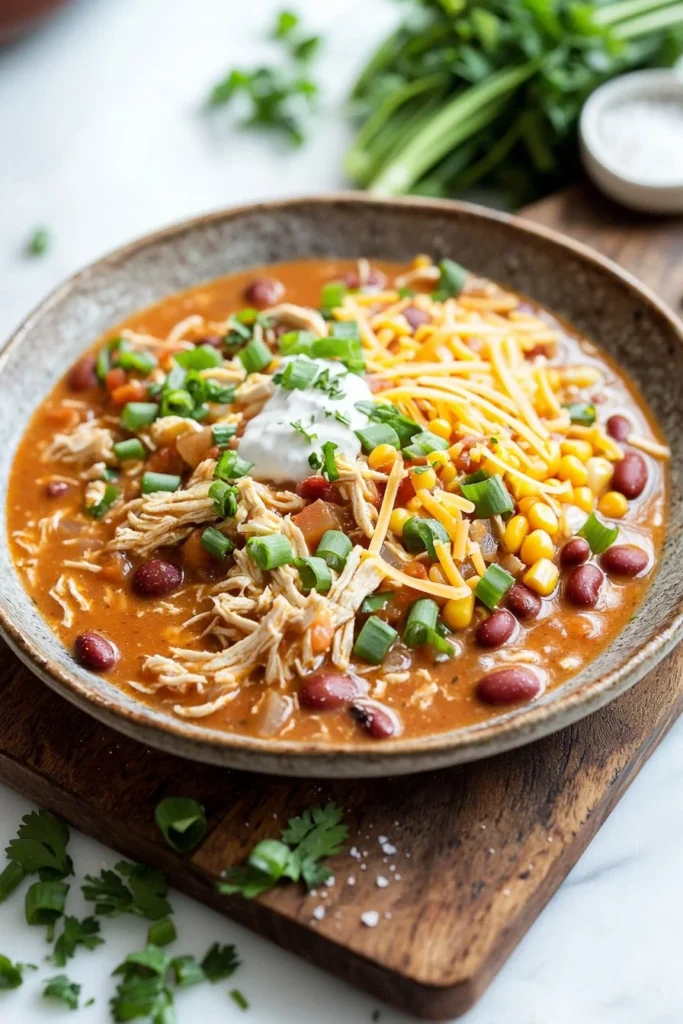 Bowl of slow cooker buffalo chicken chili garnished with green onions