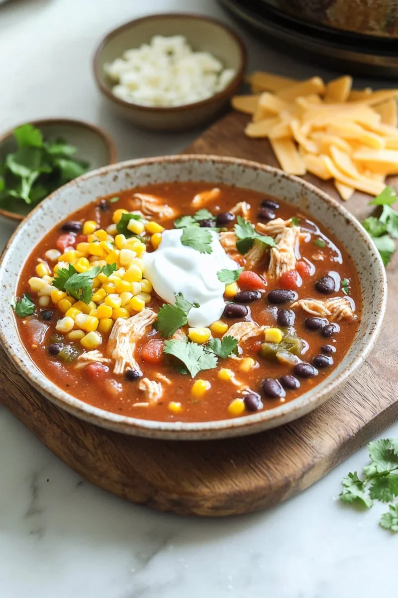 Bowl of slow cooker chicken enchilada soup topped with cheese and cilantro