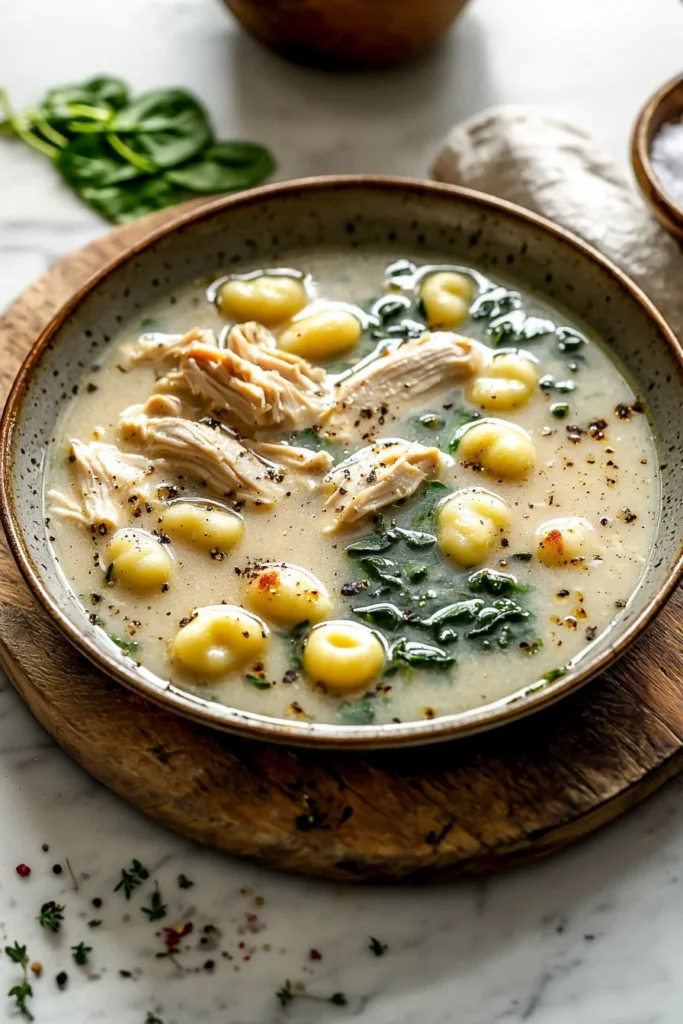 Delicious bowl of slow cooker chicken gnocchi soup topped with herbs