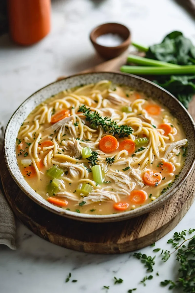 Bowl of slow cooker chicken noodle soup with vegetables and herbs