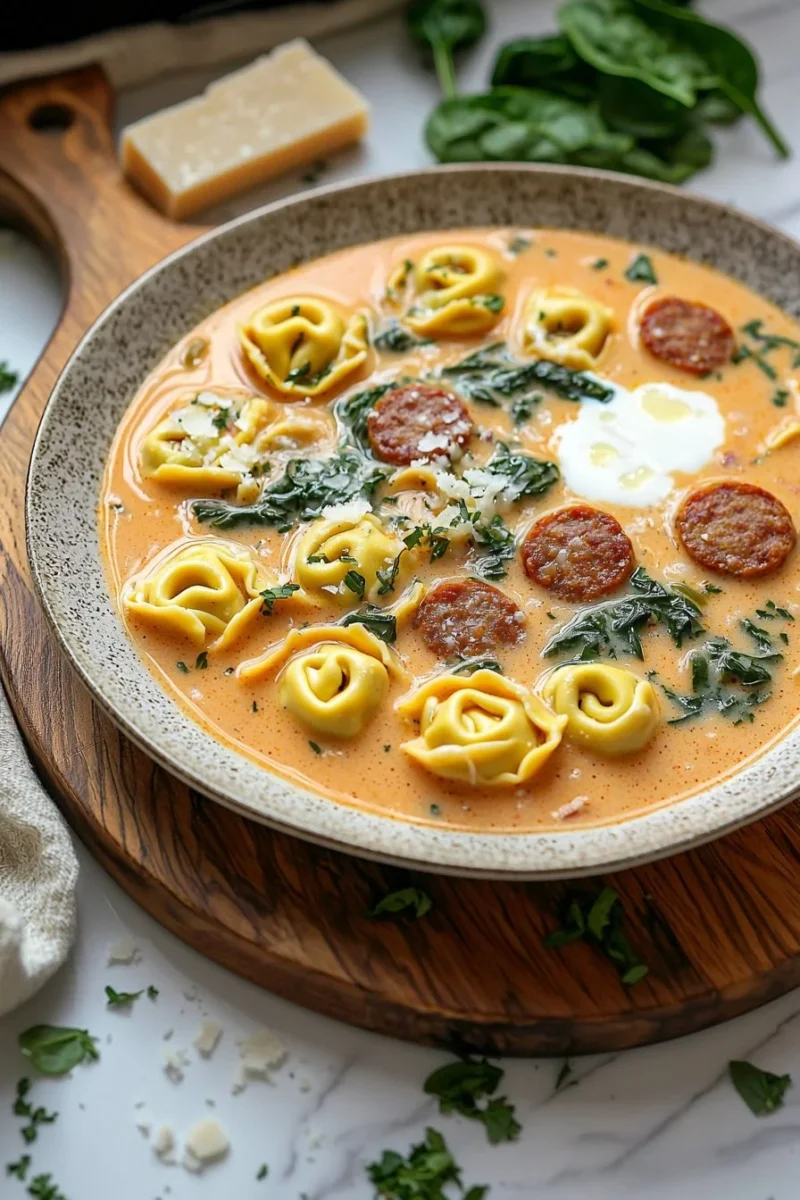 Bowl of creamy tortellini soup with sausage and fresh ingredients