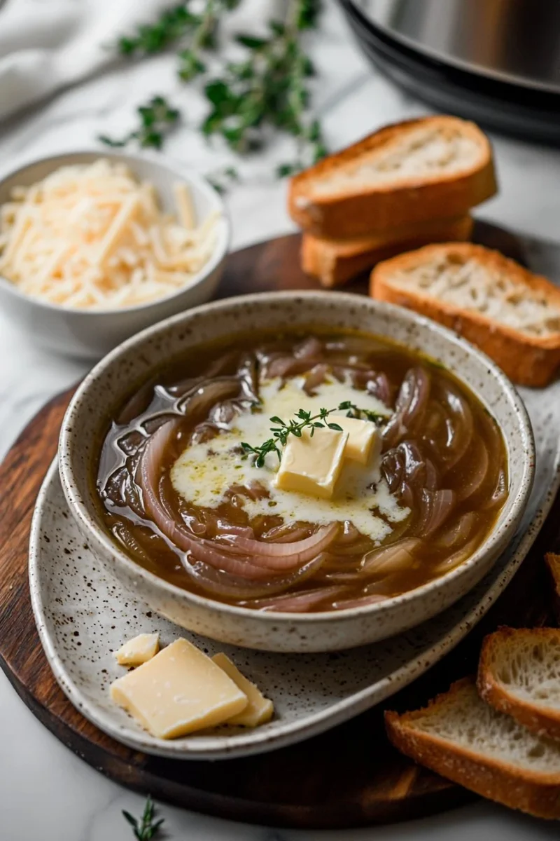 Bowl of Slow Cooker French Onion Soup topped with melted cheese and herbs.