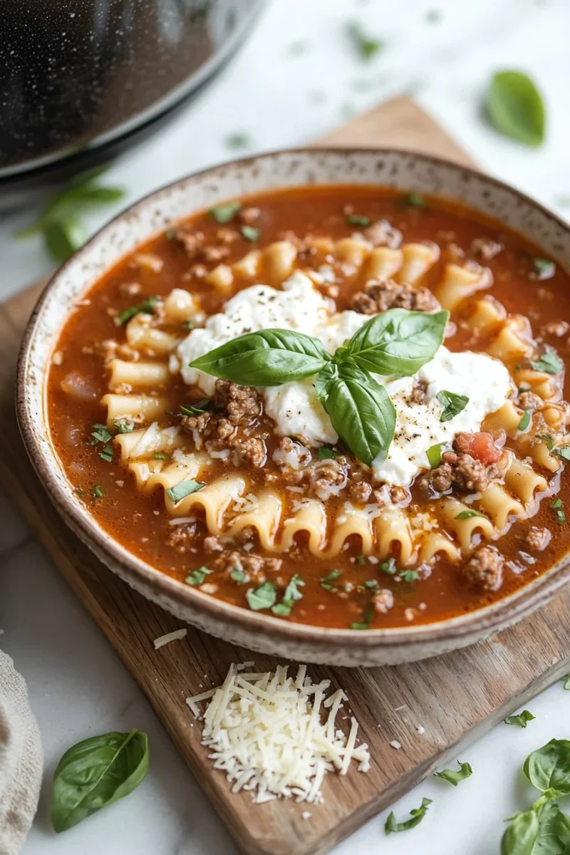Bowl of slow cooker lasagna soup topped with cheese and herbs