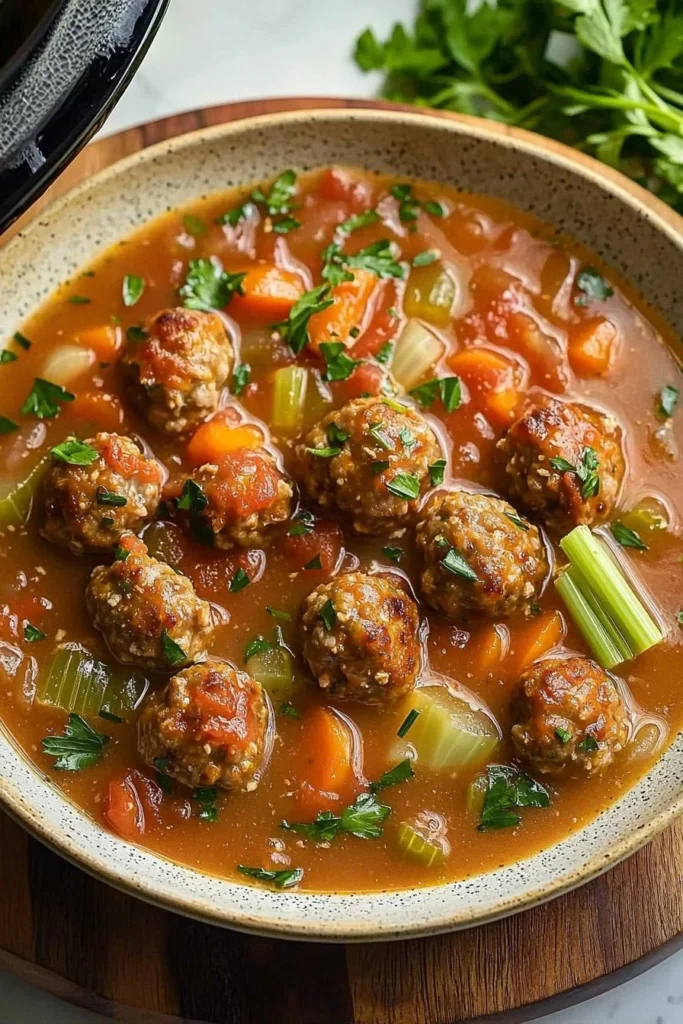 Bowl of slow cooker meatball soup with fresh herbs and vegetables