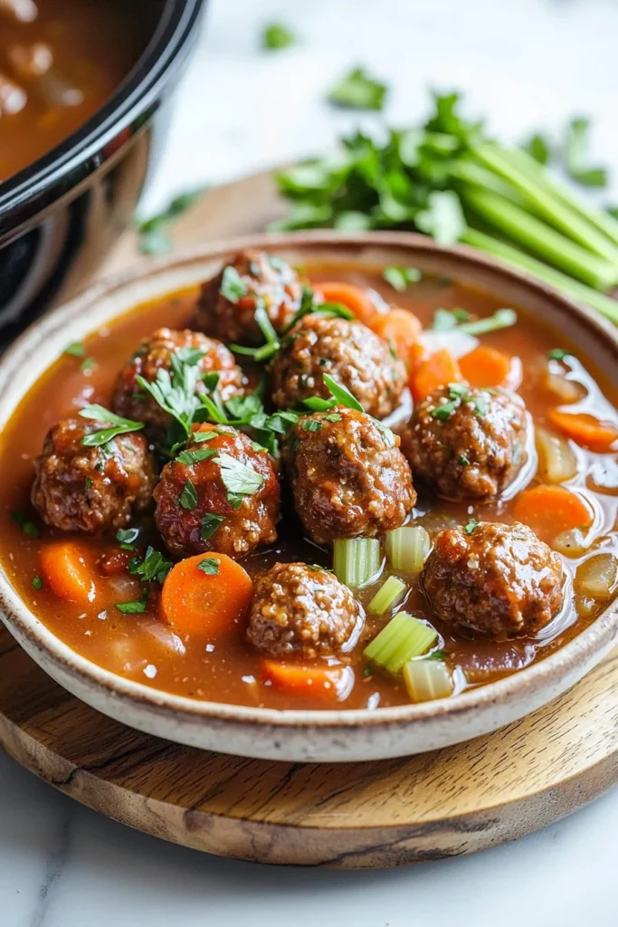 Delicious bowl of slow cooker meatball soup with fresh herbs and vegetables